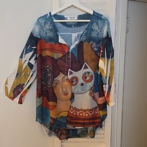 Via Vitale Italy Vibrant Multicolor Artistic Print Blouse Tunic Woman And Cat